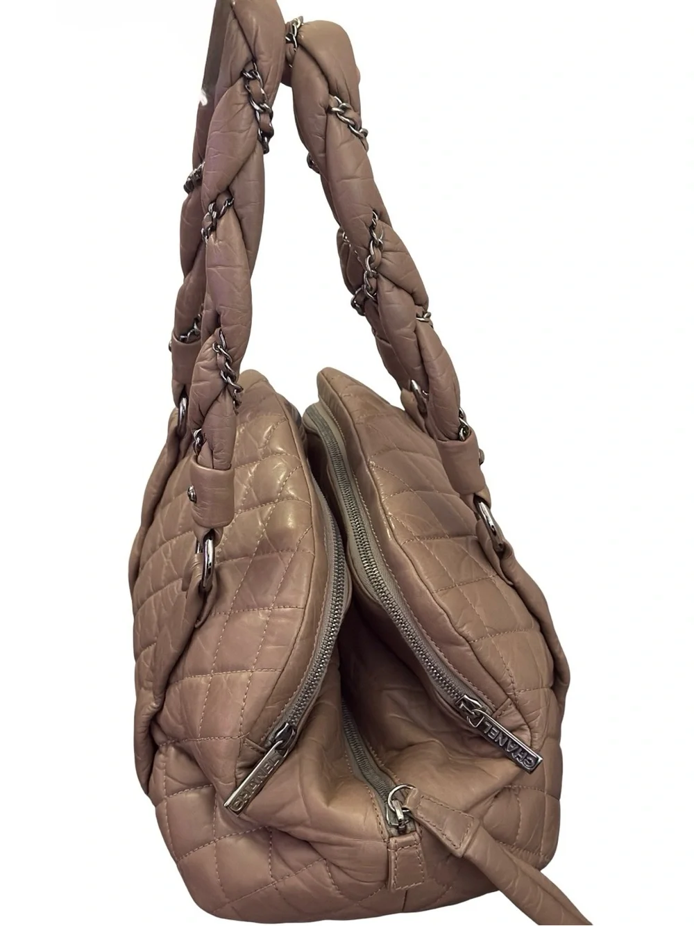 Chanel Lady Braid Bowler Bag Distressed Lambskin Taupe Quilted Satchel 13”
